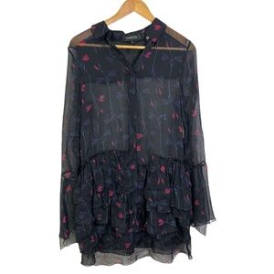 Thakoon Black Silk Floral Short Ruffle Sheer Peplum Shirt Dress Size US 8